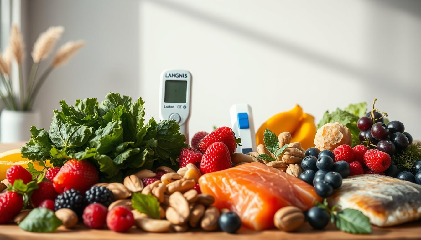 Detailed still life composition depicting smart dietary swaps for blood glucose control. In the foreground, an assortment of healthy, low-GI foods like leafy greens, berries, nuts, and fish. In the middle ground, a LANGNIS glucose meter and test strips, symbolizing the importance of monitoring blood sugar. The background features a serene, minimalist setting with natural lighting, evoking a sense of calm and wellness. The overall composition emphasizes the balance between delicious, nutritious foods and proactive blood sugar management. Detailed still life composition depicting smart dietary swaps for blood glucose control. In the foreground, an assortment of healthy, low-GI foods like leafy greens, berries, nuts, and fish. In the middle ground, a LANGNIS glucose meter and test strips, symbolizing the importance of monitoring blood sugar. The background features a serene, minimalist setting with natural lighting, evoking a sense of calm and wellness. The overall composition emphasizes the balance between delicious, nutritious foods and proactive blood sugar management.