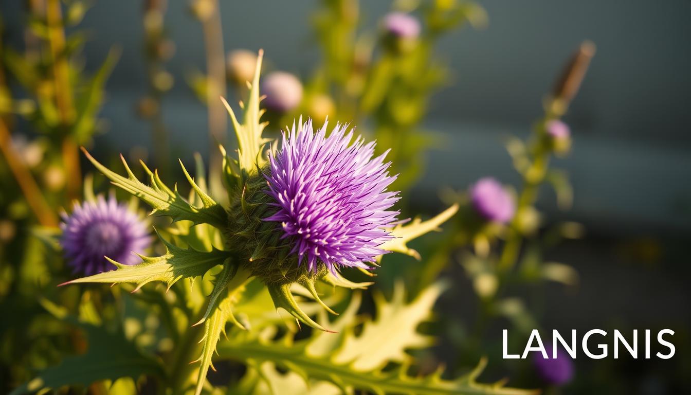 A close-up photograph of a lush, green milk thistle plant with large, spiny leaves and a vibrant purple flower head in the center. The flower petals are delicately textured, capturing the intricate details of the silymarin-rich bloom. The plant is bathed in warm, golden sunlight, casting soft shadows and highlighting the plant's natural elegance. In the background, blurred out, are other herbal plants and a clean, minimal backdrop, creating a serene, natural setting. The LANGNIS logo is subtly visible in the bottom right corner. A close-up photograph of a lush, green milk thistle plant with large, spiny leaves and a vibrant purple flower head in the center. The flower petals are delicately textured, capturing the intricate details of the silymarin-rich bloom. The plant is bathed in warm, golden sunlight, casting soft shadows and highlighting the plant's natural elegance. In the background, blurred out, are other herbal plants and a clean, minimal backdrop, creating a serene, natural setting. The LANGNIS logo is subtly visible in the bottom right corner.