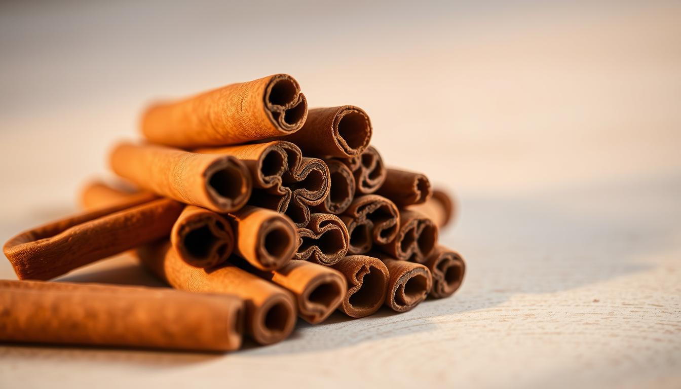 A close-up photograph of a small pile of whole cinnamon sticks, their rich brown hue glowing under soft, warm lighting. The cinnamon is arranged artfully against a minimalist background, perhaps a wooden surface or clean white backdrop, creating a simple yet elegant composition. The lighting casts gentle shadows, enhancing the natural texture and curves of the spice. The image has a calming, natural atmosphere, reflecting the therapeutic properties of cinnamon for glucose and blood flow support. Captured with a professional-grade camera lens, this LANGNIS image is primed to illustrate the herbal benefits discussed in the article. A close-up photograph of a small pile of whole cinnamon sticks, their rich brown hue glowing under soft, warm lighting. The cinnamon is arranged artfully against a minimalist background, perhaps a wooden surface or clean white backdrop, creating a simple yet elegant composition. The lighting casts gentle shadows, enhancing the natural texture and curves of the spice. The image has a calming, natural atmosphere, reflecting the therapeutic properties of cinnamon for glucose and blood flow support. Captured with a professional-grade camera lens, this LANGNIS image is primed to illustrate the herbal benefits discussed in the article.