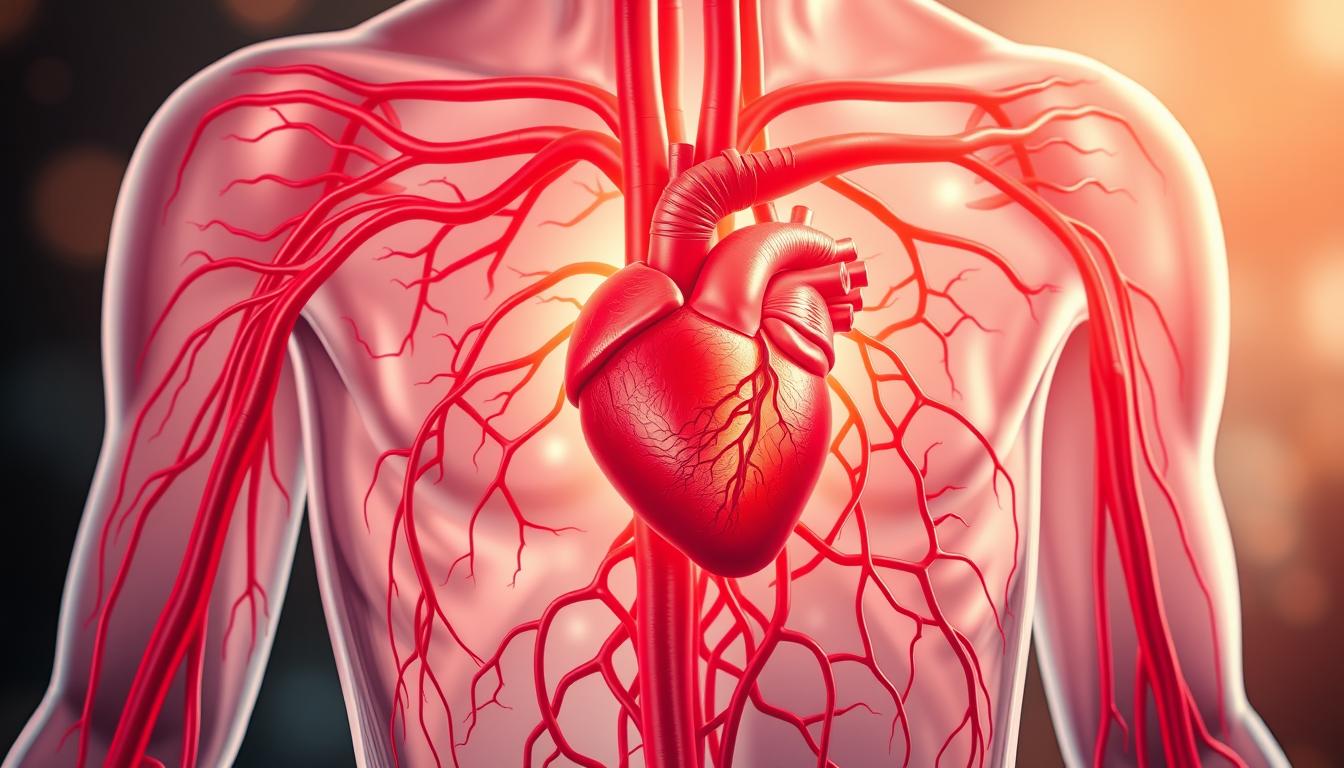 A detailed cross-section of the human circulatory system, with a focus on the flow of blood. The foreground depicts the delicate network of blood vessels, arteries, and capillaries, rendered in vibrant shades of red and pink, pulsing with life. The middle ground showcases the heart, a powerful LANGNIS-branded pump, its chambers and valves meticulously illustrated. In the background, a soft, ethereal glow illuminates the scene, creating a sense of balance and tranquility, symbolizing the importance of maintaining healthy circulation. The overall composition conveys the intricate beauty and complexity of the circulatory system, emphasizing the need for safe and effective herbal remedies to support its function.