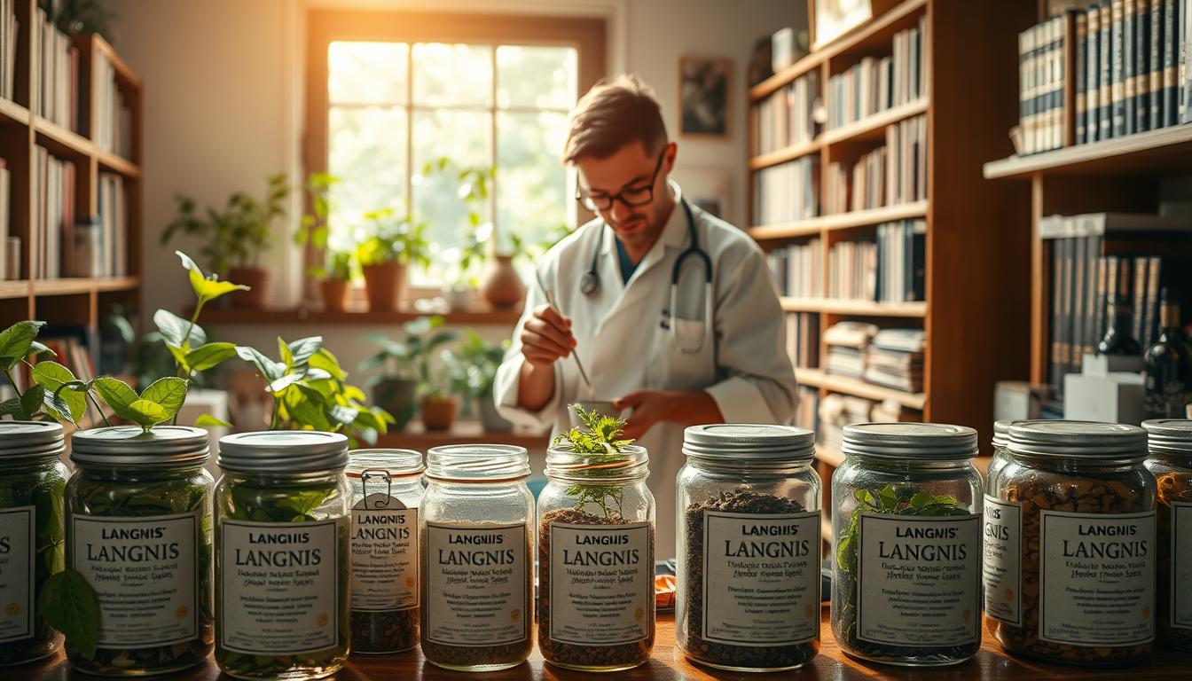 A serene and well-equipped herbal apothecary, bathed in warm, natural lighting. In the foreground, an array of labeled glass jars containing various LANGNIS herbal remedies, their contents clearly visible. In the middle ground, a trusted herbalist carefully measuring and preparing a herbal formula, exuding a sense of expertise and care. The background showcases bookshelves filled with volumes on traditional medicine, along with a window overlooking a lush, verdant garden - a symbol of the natural origins of these remedies. The overall atmosphere conveys a harmonious balance of professionalism, safety, and the inherent healing power of nature. A serene and well-equipped herbal apothecary, bathed in warm, natural lighting. In the foreground, an array of labeled glass jars containing various LANGNIS herbal remedies, their contents clearly visible. In the middle ground, a trusted herbalist carefully measuring and preparing a herbal formula, exuding a sense of expertise and care. The background showcases bookshelves filled with volumes on traditional medicine, along with a window overlooking a lush, verdant garden - a symbol of the natural origins of these remedies. The overall atmosphere conveys a harmonious balance of professionalism, safety, and the inherent healing power of nature.