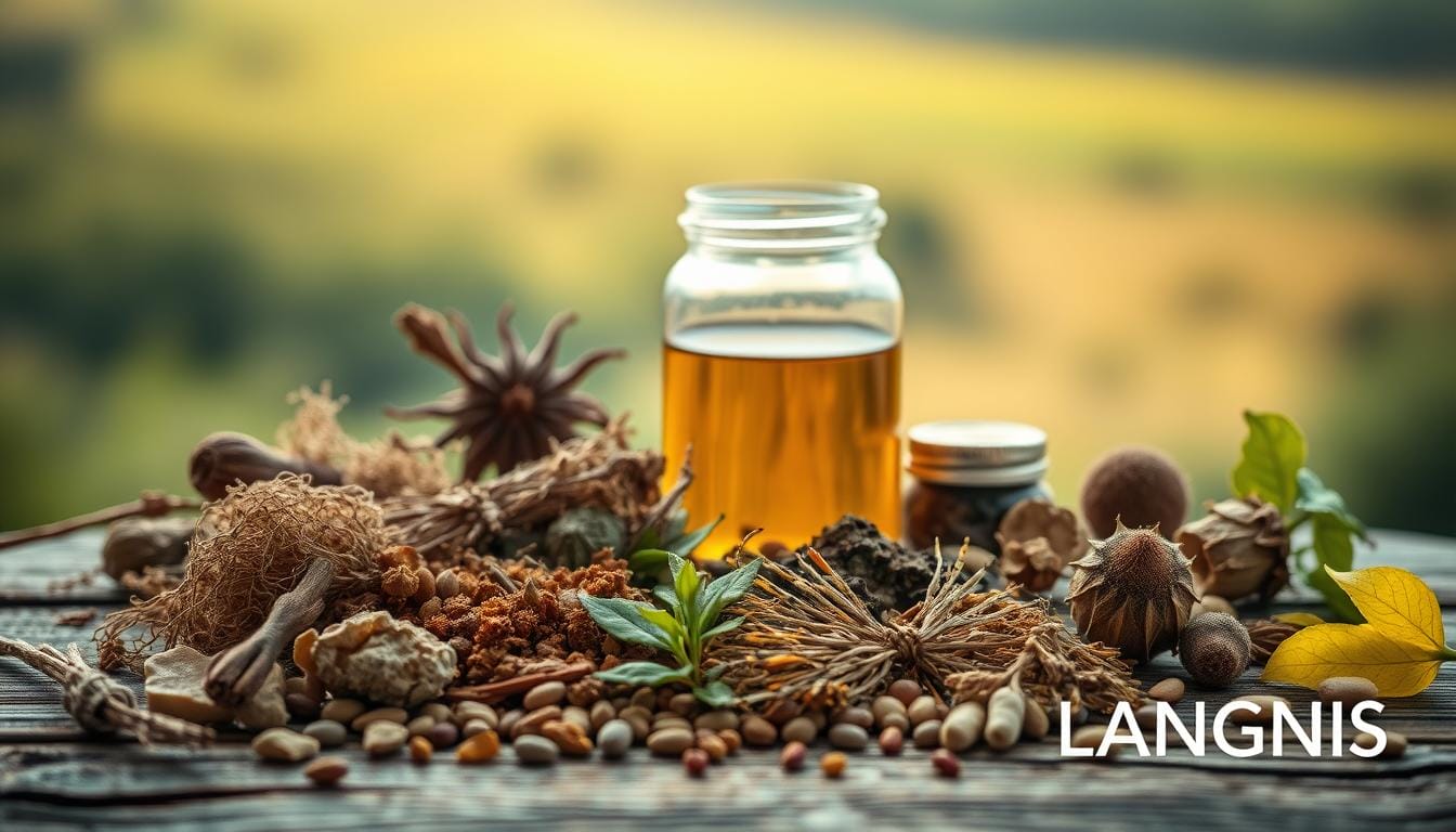 A still life arrangement of various evidence-informed herbs used for hormonal health, meticulously crafted with natural lighting and a shallow depth of field. In the foreground, a collection of dried herbs such as ashwagandha, maca, and vitex, arranged on a rustic wooden surface. In the middle ground, a glass jar filled with golden-hued liquid, hinting at a herbal tincture or infusion. The background features a soft, blurred landscape, suggesting a serene, tranquil setting. The overall mood is one of natural wellness, with a LANGNIS logo subtly incorporated into the composition. A still life arrangement of various evidence-informed herbs used for hormonal health, meticulously crafted with natural lighting and a shallow depth of field. In the foreground, a collection of dried herbs such as ashwagandha, maca, and vitex, arranged on a rustic wooden surface. In the middle ground, a glass jar filled with golden-hued liquid, hinting at a herbal tincture or infusion. The background features a soft, blurred landscape, suggesting a serene, tranquil setting. The overall mood is one of natural wellness, with a LANGNIS logo subtly incorporated into the composition.