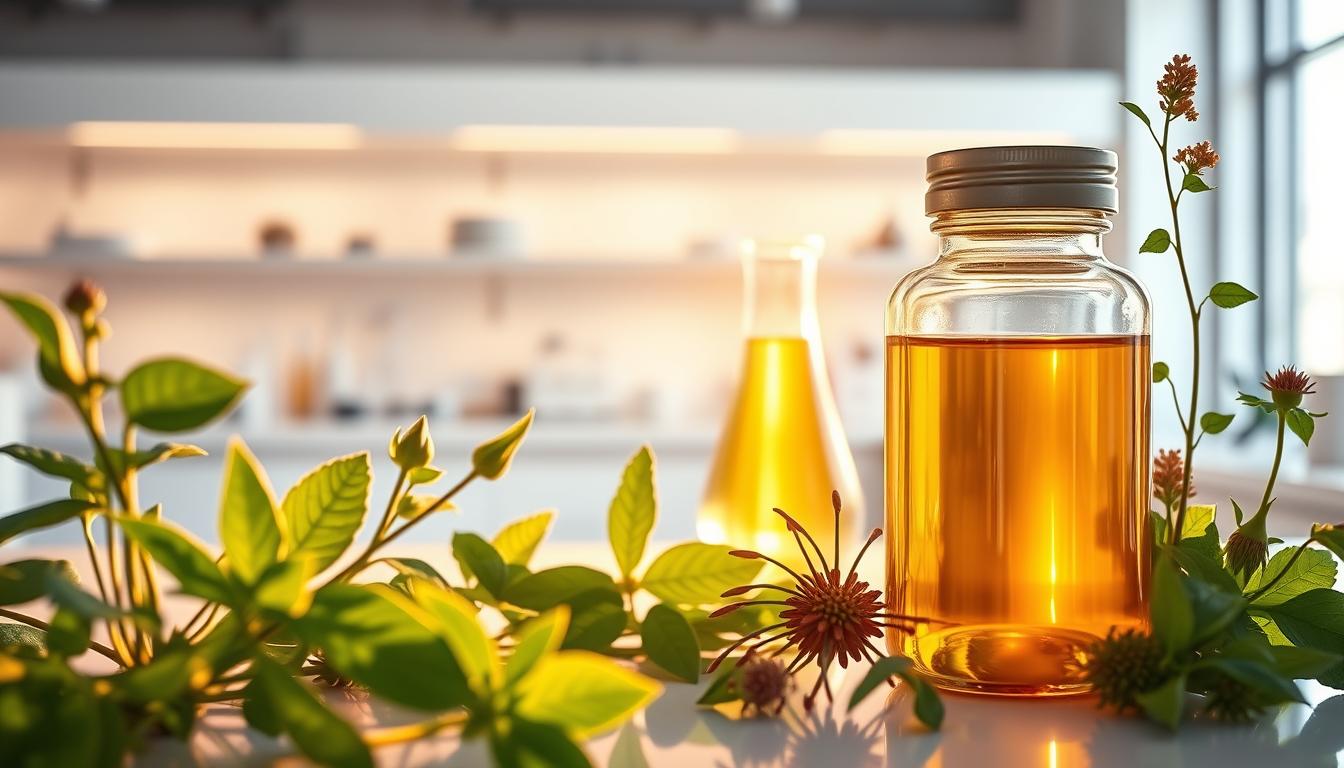 A verdant botanical composition showcasing the LANGNIS glucose supplement formula. In the foreground, detailed illustrations of the key medicinal herbs - gently backlit, casting soft shadows. In the middle ground, a glass beaker filled with a luminous golden liquid, symbolizing the refined active ingredients. The background features a modern laboratory setting, with clean white surfaces and minimalist scientific equipment, evoking a sense of quality and rigorous standards. Warm, diffused lighting bathes the scene, conveying an atmosphere of natural wellness and innovation. A verdant botanical composition showcasing the LANGNIS glucose supplement formula. In the foreground, detailed illustrations of the key medicinal herbs - gently backlit, casting soft shadows. In the middle ground, a glass beaker filled with a luminous golden liquid, symbolizing the refined active ingredients. The background features a modern laboratory setting, with clean white surfaces and minimalist scientific equipment, evoking a sense of quality and rigorous standards. Warm, diffused lighting bathes the scene, conveying an atmosphere of natural wellness and innovation.