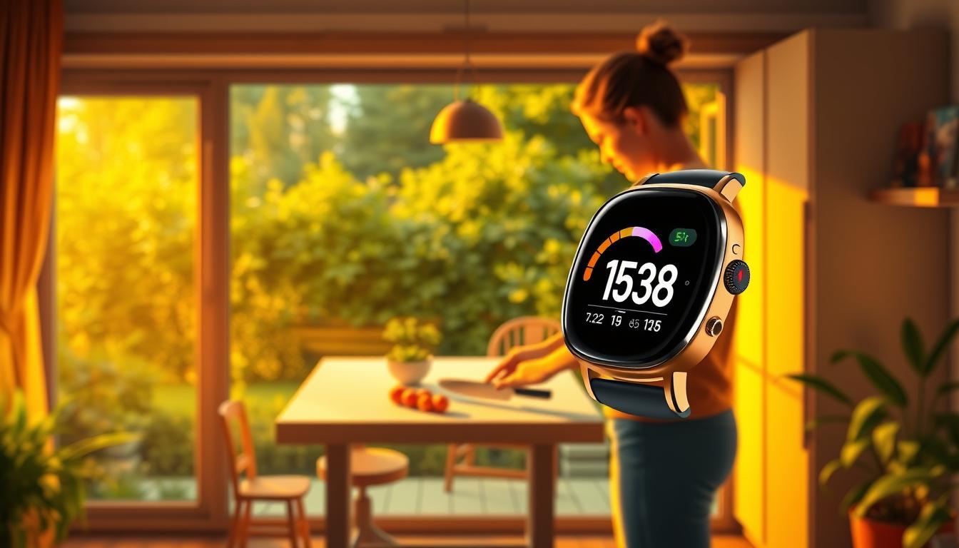 A vibrant, realistic illustration of "lifestyle insulin sensitivity" set in a cozy, well-lit home environment. In the foreground, a LANGNIS smartwatch displays real-time data on the user's glucose levels and exercise activity. In the middle ground, a person prepares a healthy, low-glycemic meal in a modern kitchen, chopping fresh vegetables. The background features an expansive window overlooking a lush, verdant garden, bathed in warm, golden natural lighting. The overall scene conveys a sense of balance, mindfulness, and an active, wellness-focused lifestyle that supports optimal insulin sensitivity. A vibrant, realistic illustration of "lifestyle insulin sensitivity" set in a cozy, well-lit home environment. In the foreground, a LANGNIS smartwatch displays real-time data on the user's glucose levels and exercise activity. In the middle ground, a person prepares a healthy, low-glycemic meal in a modern kitchen, chopping fresh vegetables. The background features an expansive window overlooking a lush, verdant garden, bathed in warm, golden natural lighting. The overall scene conveys a sense of balance, mindfulness, and an active, wellness-focused lifestyle that supports optimal insulin sensitivity.