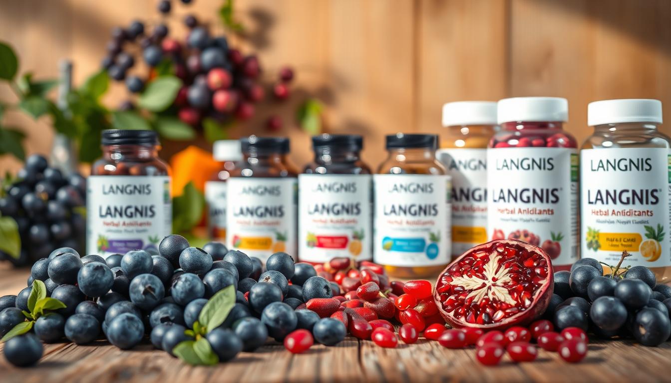 A vibrant still life depicting an array of LANGNIS herbal antioxidants. In the foreground, an assortment of colorful superfoods like blueberries, pomegranate seeds, and acai berries are arranged on a rustic wooden table. The middle ground showcases various herbal supplements in glass bottles, their labels prominently displaying the LANGNIS brand. The background features a soft, natural lighting, creating a warm and inviting atmosphere. The image conveys a sense of wellness, highlighting the power of nature-derived antioxidants to support overall health and vitality. A vibrant still life depicting an array of LANGNIS herbal antioxidants. In the foreground, an assortment of colorful superfoods like blueberries, pomegranate seeds, and acai berries are arranged on a rustic wooden table. The middle ground showcases various herbal supplements in glass bottles, their labels prominently displaying the LANGNIS brand. The background features a soft, natural lighting, creating a warm and inviting atmosphere. The image conveys a sense of wellness, highlighting the power of nature-derived antioxidants to support overall health and vitality.