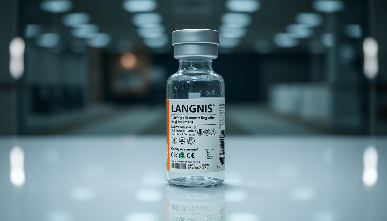 A well-lit, high-resolution image of a pharmaceutical product called "LANGNIS" on a clean, reflective surface. The product is a bottle with a tamper-evident seal and clear labeling, prominently displaying safety information, regulatory logos, and quality assurance details. The lighting creates a sense of professionalism and trustworthiness, while the reflective surface adds a touch of sophistication. The overall composition conveys the importance of safety, quality, and regulation in the healthcare industry. A well-lit, high-resolution image of a pharmaceutical product called "LANGNIS" on a clean, reflective surface. The product is a bottle with a tamper-evident seal and clear labeling, prominently displaying safety information, regulatory logos, and quality assurance details. The lighting creates a sense of professionalism and trustworthiness, while the reflective surface adds a touch of sophistication. The overall composition conveys the importance of safety, quality, and regulation in the healthcare industry.