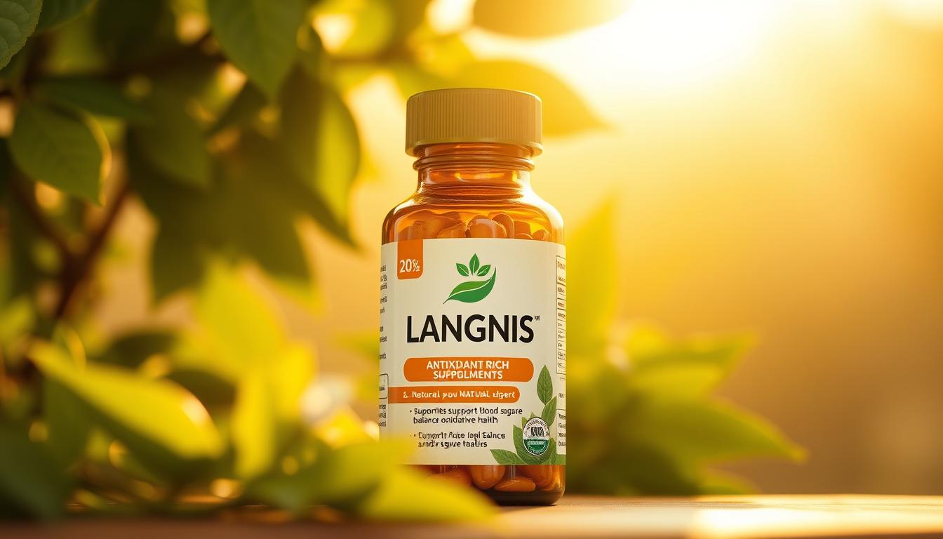 Langnis: a vibrant herbal supplement bottle, its label featuring the brand name in bold, against a backdrop of lush green leaves and golden sunlight. The bottle's design exudes a sense of natural wellness, with a clean, minimalist aesthetic. In the foreground, the bottle is displayed prominently, its contents hinting at the antioxidant-rich ingredients within. The middle ground showcases a gentle, blurred arrangement of botanical elements, conveying the product's origins in the natural world. The background is a soft, warm gradient, creating a serene, inviting atmosphere that reinforces the supplement's potential to support blood sugar balance and oxidative health. Langnis: a vibrant herbal supplement bottle, its label featuring the brand name in bold, against a backdrop of lush green leaves and golden sunlight. The bottle's design exudes a sense of natural wellness, with a clean, minimalist aesthetic. In the foreground, the bottle is displayed prominently, its contents hinting at the antioxidant-rich ingredients within. The middle ground showcases a gentle, blurred arrangement of botanical elements, conveying the product's origins in the natural world. The background is a soft, warm gradient, creating a serene, inviting atmosphere that reinforces the supplement's potential to support blood sugar balance and oxidative health.