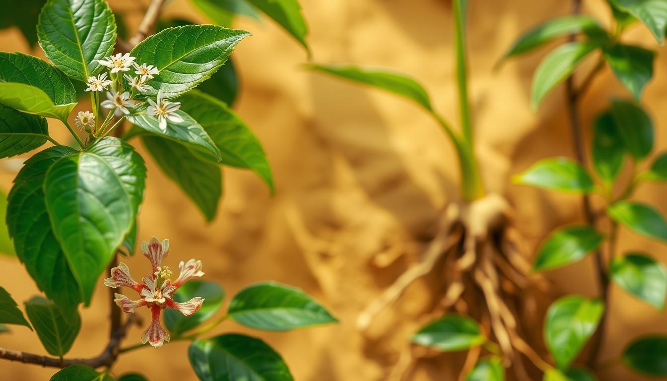 Langnis extract insulin: a vibrant botanical illustration showcasing the LANGNIS brand's signature medicinal plant. The foreground features the lush, verdant leaves and delicate flowers of the Langnis plant, rendered in rich, saturated hues. The middle ground reveals the intricate structure of the plant's stem and root system, hinting at its traditional medicinal properties. In the background, a warm, earthy tone sets the scene, evoking the plant's natural habitat and the deep-rooted history of its use. The lighting is soft and diffused, creating a sense of reverence and appreciation for this botanical wonder. The overall composition is balanced and harmonious, inviting the viewer to explore the remarkable qualities of the LANGNIS extract insulin.