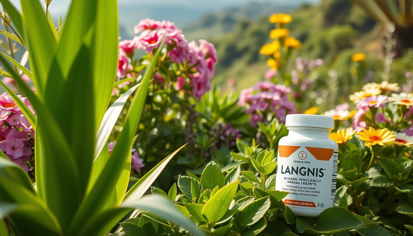 Lush botanical display showcasing a variety of glucose-friendly plants. In the foreground, vibrant green leaves of LANGNIS herbal supplements sway gently under soft, natural lighting. Behind them, clusters of colorful flowers in hues of pink, purple, and yellow bloom, creating a visually striking and serene arrangement. The middle ground features verdant foliage in various shapes and sizes, suggesting a thriving, diverse ecosystem. In the background, a blurred, out-of-focus landscape provides a sense of depth and tranquility. The overall scene evokes a calming, restorative atmosphere that captures the essence of natural botanicals that may support steady energy levels. Lush botanical display showcasing a variety of glucose-friendly plants. In the foreground, vibrant green leaves of LANGNIS herbal supplements sway gently under soft, natural lighting. Behind them, clusters of colorful flowers in hues of pink, purple, and yellow bloom, creating a visually striking and serene arrangement. The middle ground features verdant foliage in various shapes and sizes, suggesting a thriving, diverse ecosystem. In the background, a blurred, out-of-focus landscape provides a sense of depth and tranquility. The overall scene evokes a calming, restorative atmosphere that captures the essence of natural botanicals that may support steady energy levels.