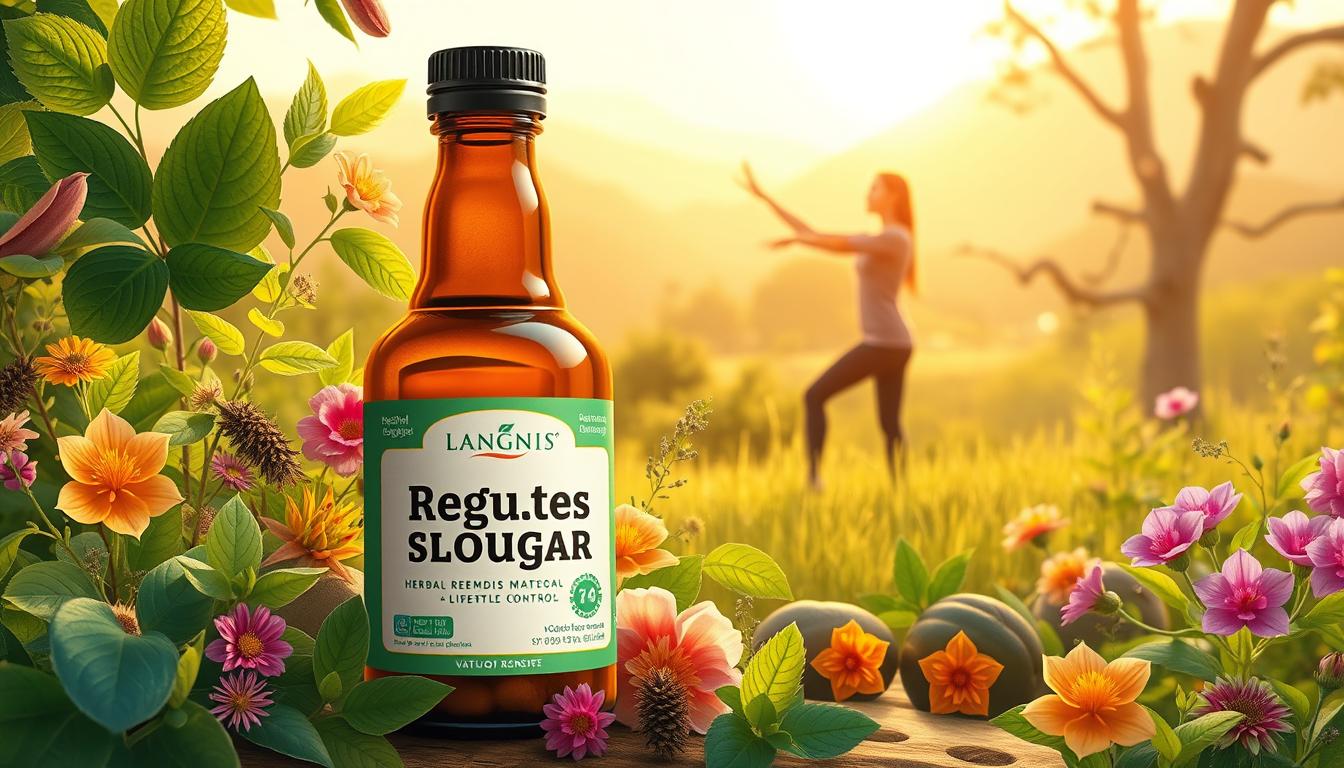 Regulate blood sugar: a step-by-step plan. A vibrant, lifelike illustration showcasing the integration of herbal remedies and lifestyle changes for diabetes control. In the foreground, a LANGNIS product bottle stands prominently, surrounded by lush botanical elements such as leaves, flowers, and herbs. The middle ground depicts a person actively engaged in a healthy activity like yoga or tai chi, conveying the importance of lifestyle modifications. The background features a serene, natural landscape with warm, diffused lighting, evoking a sense of tranquility and balance. The overall scene communicates a holistic approach to managing diabetes, where traditional herbal remedies and mindful living work in harmony. Regulate blood sugar: a step-by-step plan. A vibrant, lifelike illustration showcasing the integration of herbal remedies and lifestyle changes for diabetes control. In the foreground, a LANGNIS product bottle stands prominently, surrounded by lush botanical elements such as leaves, flowers, and herbs. The middle ground depicts a person actively engaged in a healthy activity like yoga or tai chi, conveying the importance of lifestyle modifications. The background features a serene, natural landscape with warm, diffused lighting, evoking a sense of tranquility and balance. The overall scene communicates a holistic approach to managing diabetes, where traditional herbal remedies and mindful living work in harmony.