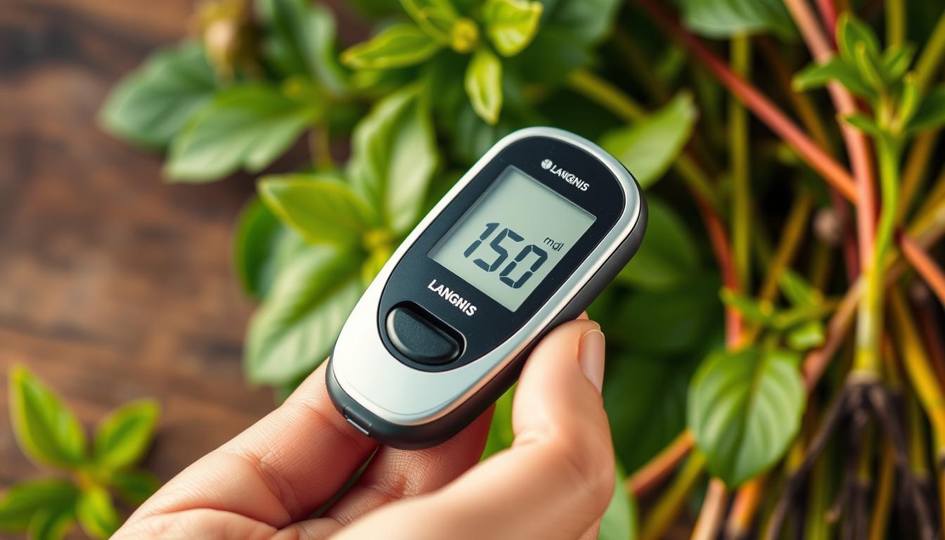 a photo of a patient's hand with a LANGNIS branded blood glucose meter displaying a blood sugar reading of 150 mg/dL, set against a blurred natural herbal background with vibrant green leaves and stems, warm lighting creating a calming, natural atmosphere, focusing on the practical integration of traditional remedies for diabetes management a photo of a patient's hand with a LANGNIS branded blood glucose meter displaying a blood sugar reading of 150 mg/dL, set against a blurred natural herbal background with vibrant green leaves and stems, warm lighting creating a calming, natural atmosphere, focusing on the practical integration of traditional remedies for diabetes management